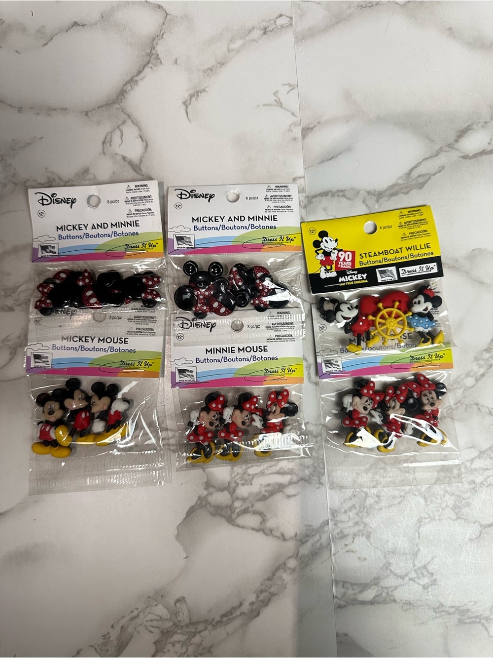 Disney Mickey & Minnie Button 6 Pack - Brand New Red, Black, Yellow